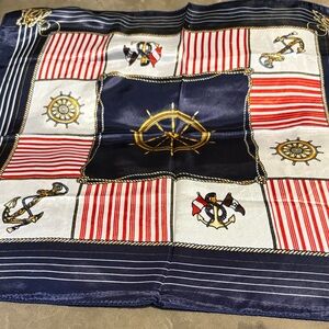 Nautical Print Silk Scarf in Navy, Red & White
